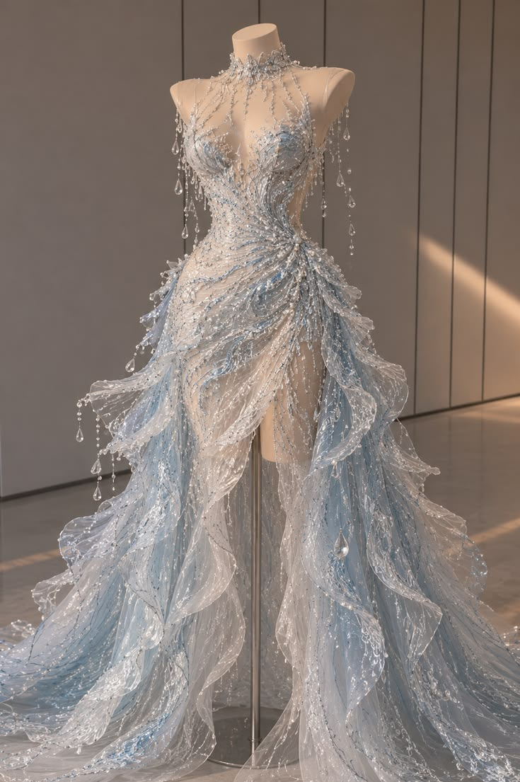 Icy blue crystal embellished gown on mannequin