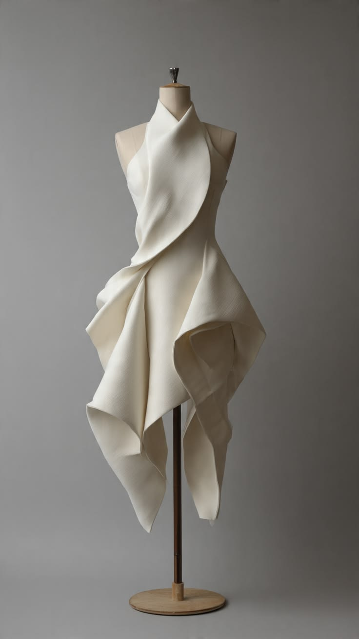 Sculptural white draped dress on mannequin